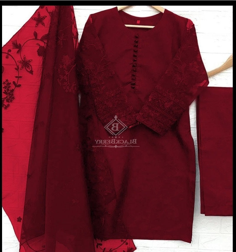 Embroidered Organza Kurti & Dupatta 3Pcs